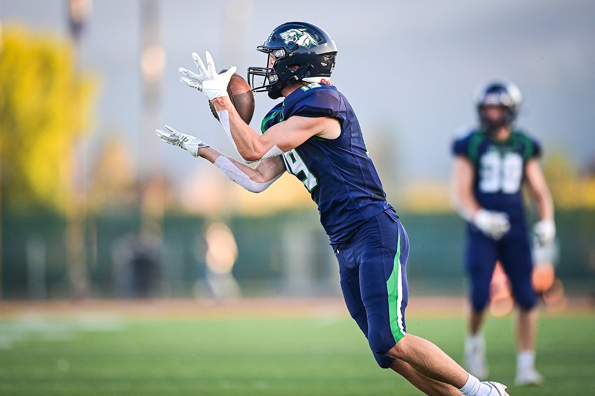 Glacier wide receiver Easton Kauffman (19) holds on to a reception in the second quarter against Billings Senior at Legends Stadium on Friday, Sept. 6. (Casey Kreider/Daily Inter Lake)