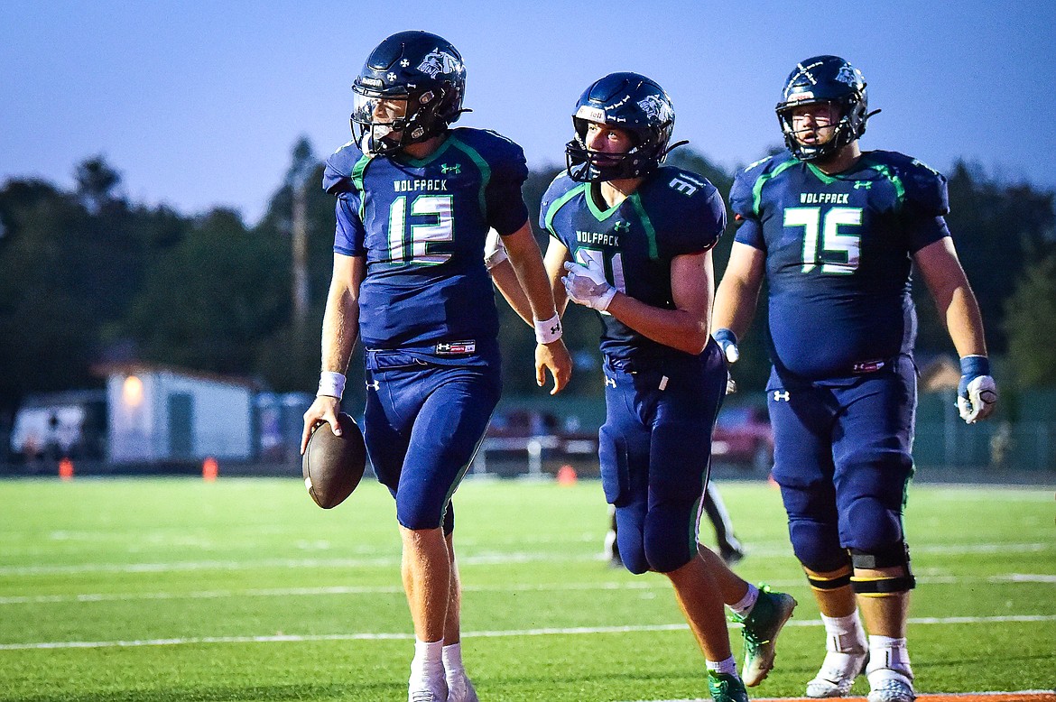 Glacier quarterback Jackson Presley (12) celebrates after a touchdown run in the third quarter against Billings Senior at Legends Stadium on Friday, Sept. 6. (Casey Kreider/Daily Inter Lake)