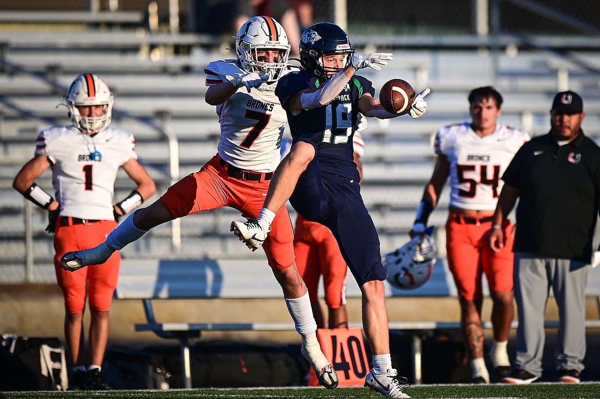 Glacier defensive back Easton Kauffman (19) intercepts a pass in the first quarter against Billings Senior at Legends Stadium on Friday, Sept. 6. (Casey Kreider/Daily Inter Lake)