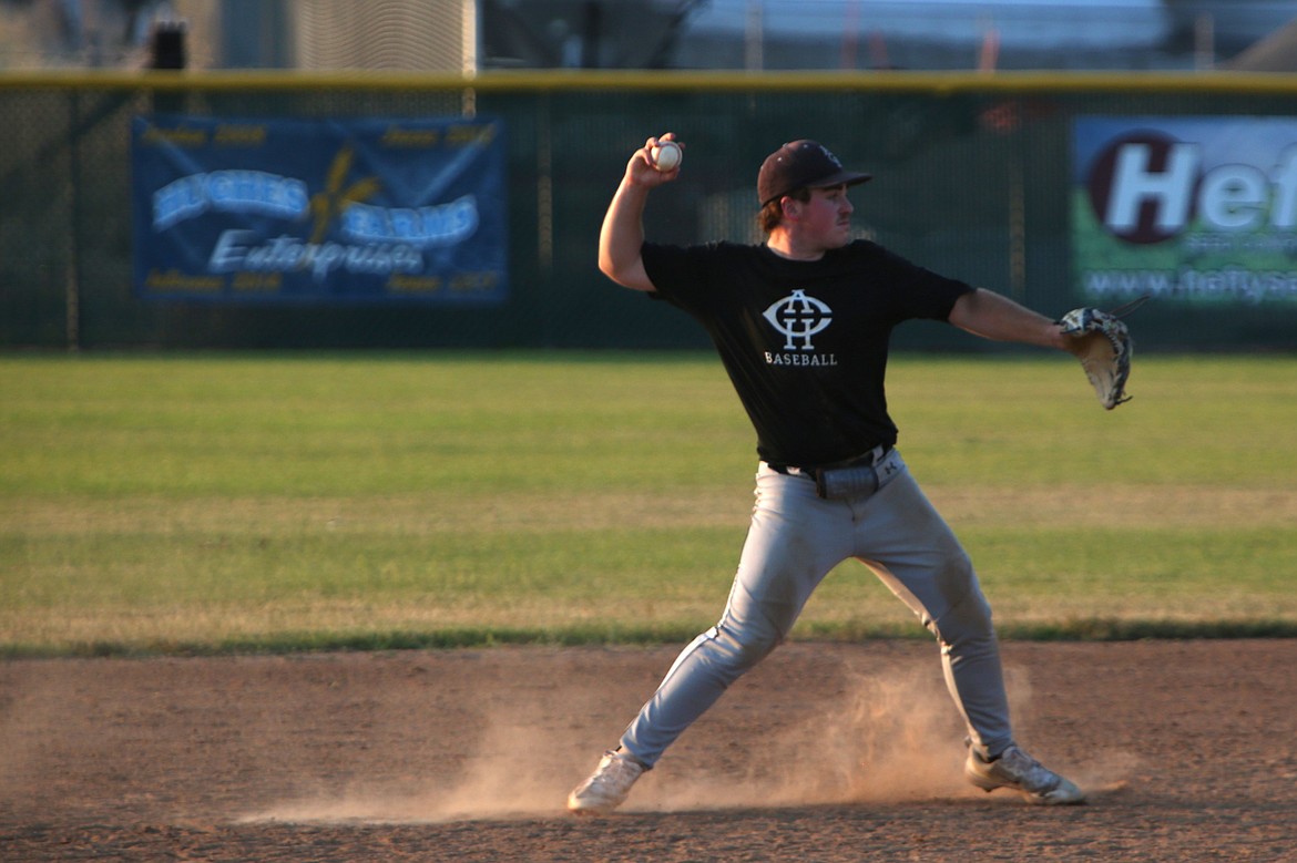 Almira/Coulee-Hartline shortstop Carter Pitts throws the ball back to first base after fielding a ground ball during a July 12 game against Gonzaga Prep.