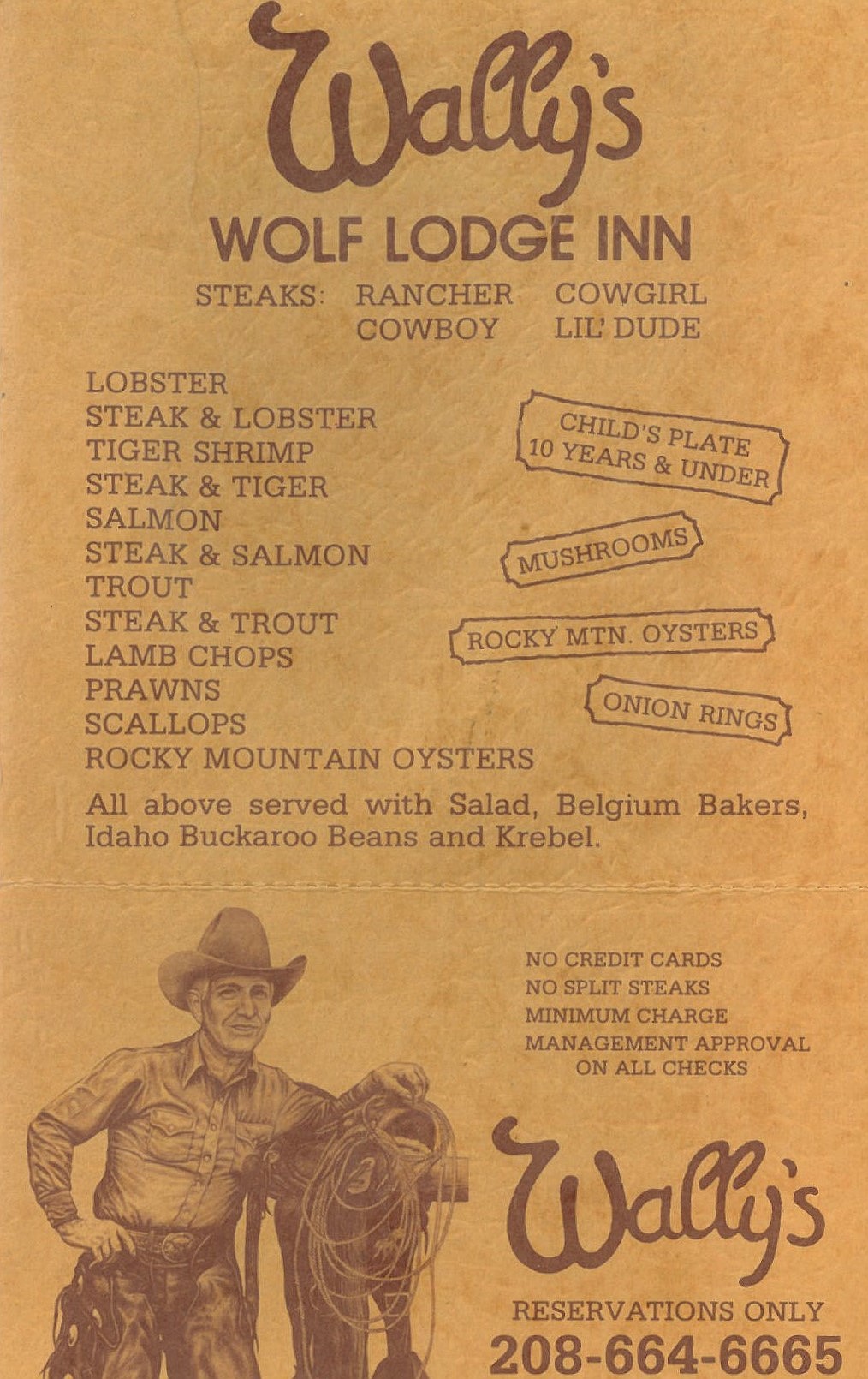 Wally's Wolf Lodge Inn menu.