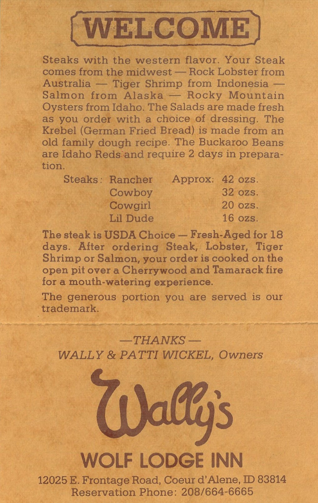 Wally's Wolf Lodge Inn menu.