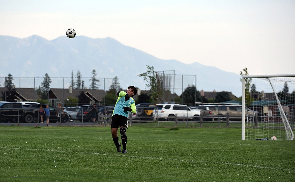 Whitefish goalkeeper Charlie Dow throws the ball during the first half of the Stevensville game last week. (Julie Engler/Whitefish Pilot)