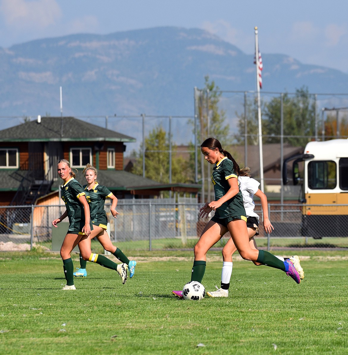 Whitefish midfielder Delila Vine moves the ball up field against Stevensville last week. (Julie Engler/Whitefish Pilot)