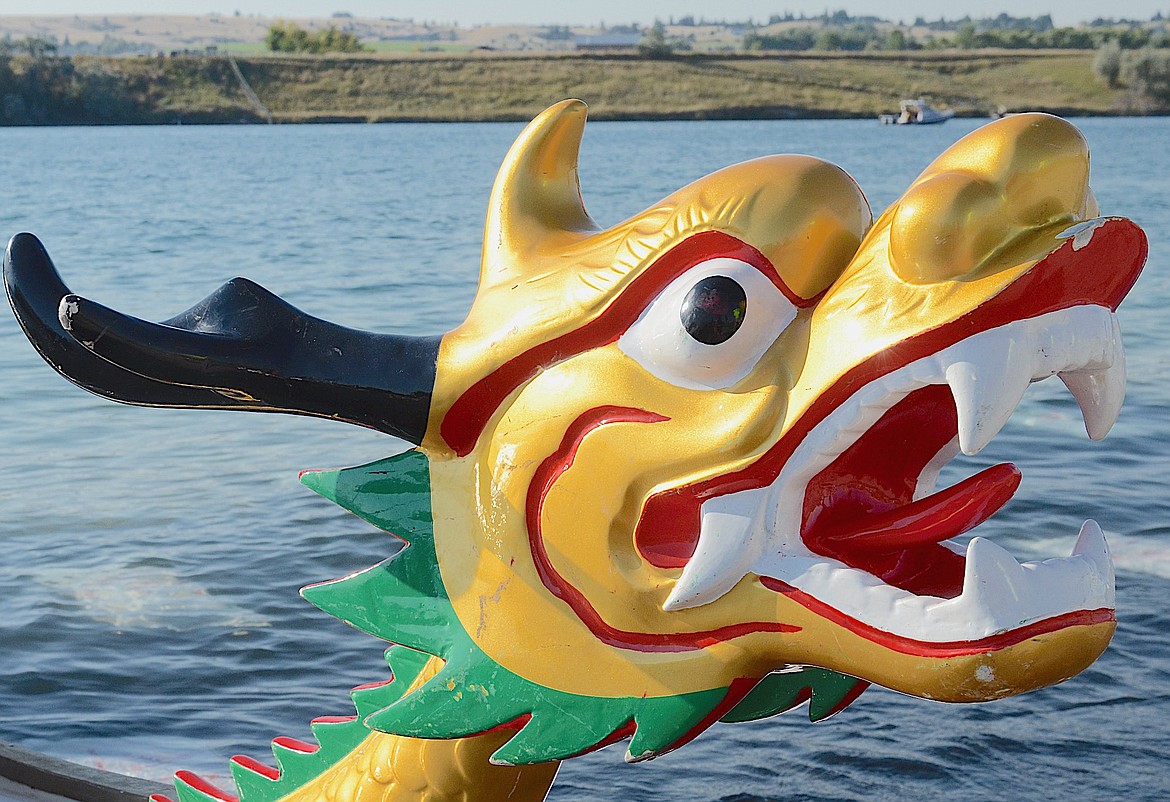 Dragon at the bow of the aptly name Montana Dragonboat Festival, held Saturday in Polson. The festival sprang back to life after a four-year hiatus, presented by the Silver Lining Montana Foundation. (Kristi Niemeyer/Leader)