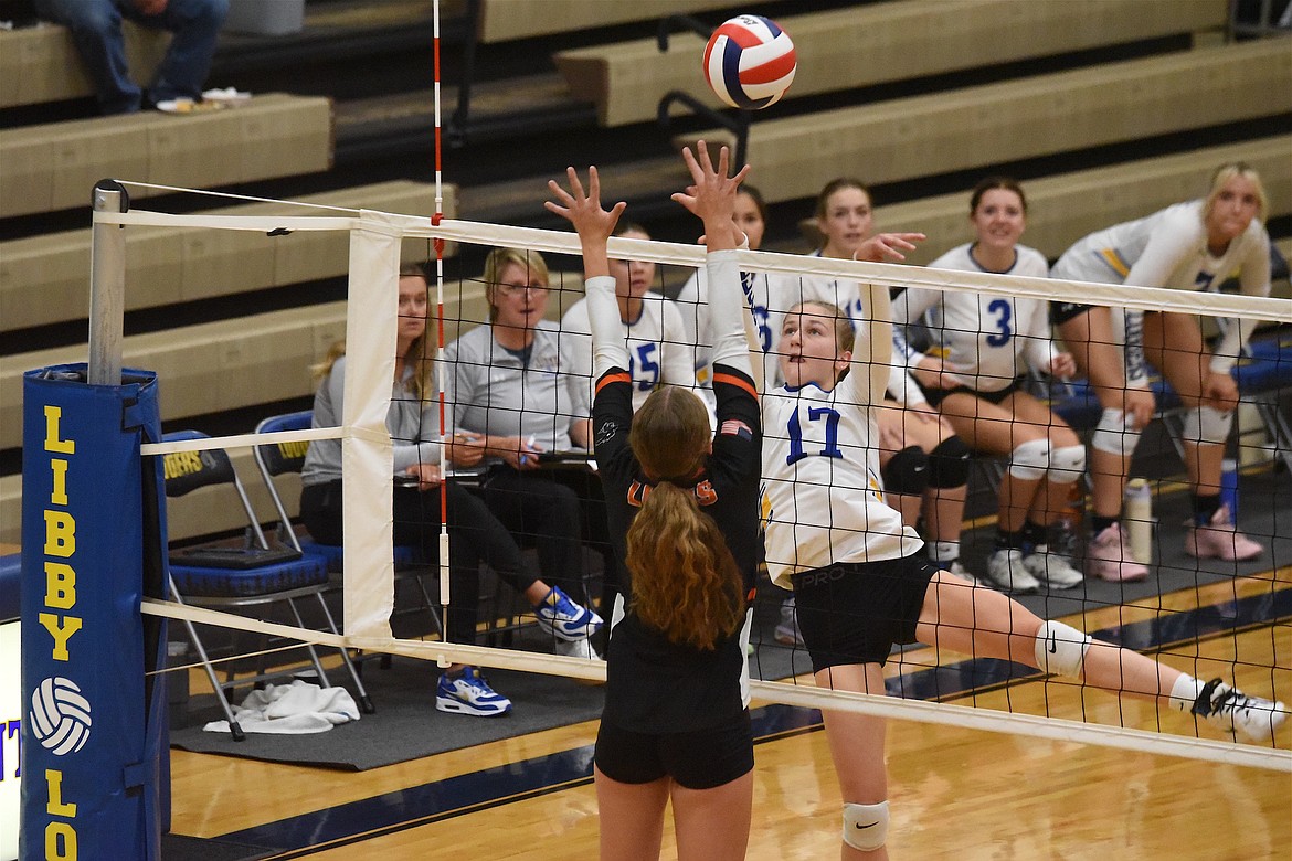 Libby's Rylee Delmas battles at the net against Eureka during their match Tuesday, Sept. 3, 2024. Eureka won 3-0. (Scott Shindledecker/The Western News)