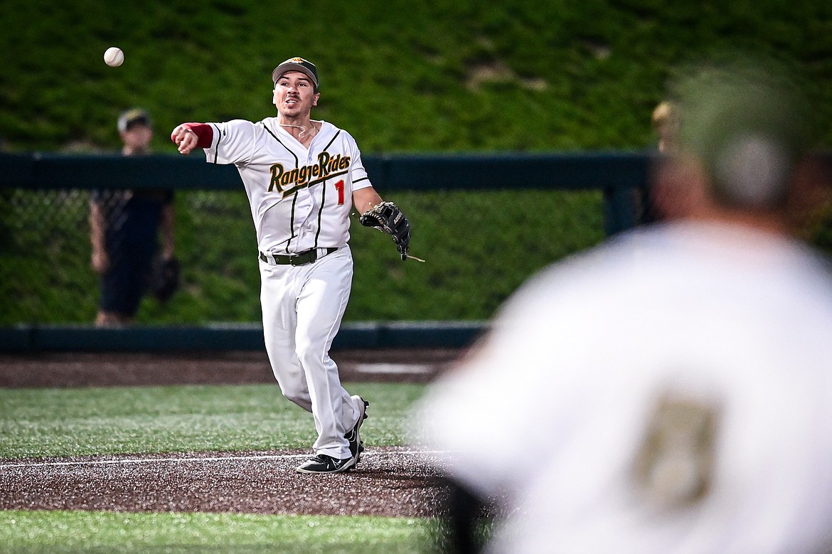 Range Riders third baseman Christian Kirtley (1) makes a throw to first baseman Ben Fitzgerald (8) against Missoula at Glacier Bank Park on Tuesday, Sept. 10. (Casey Kreider/Daily Inter Lake)