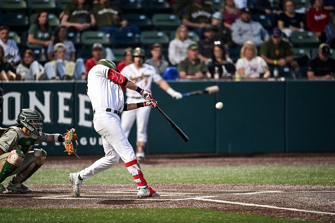 Glacier's Chad Castillo (28) connects on double in the third inning against Missoula at Glacier Bank Park on Tuesday, Sept. 10. (Casey Kreider/Daily Inter Lake)