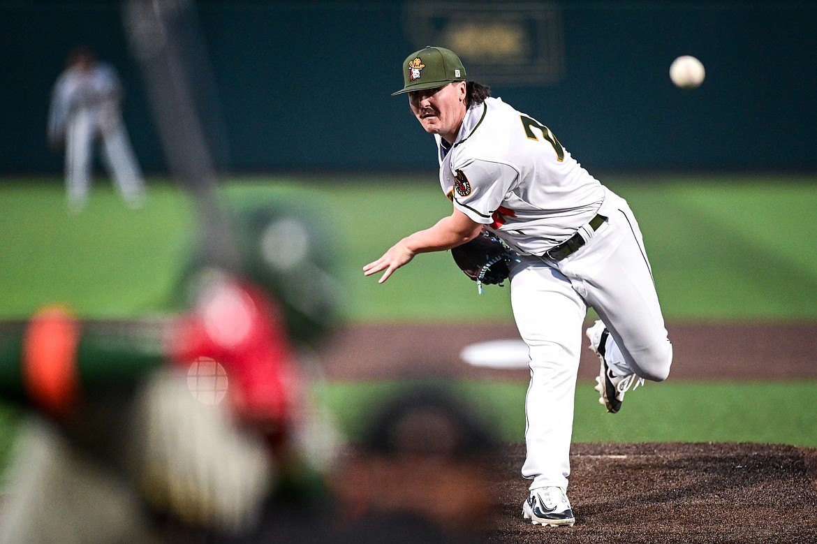 Range Riders starting pitcher Patrick Wicklander (24) delivers in the third inning against Missoula at Glacier Bank Park on Tuesday, Sept. 10. (Casey Kreider/Daily Inter Lake)