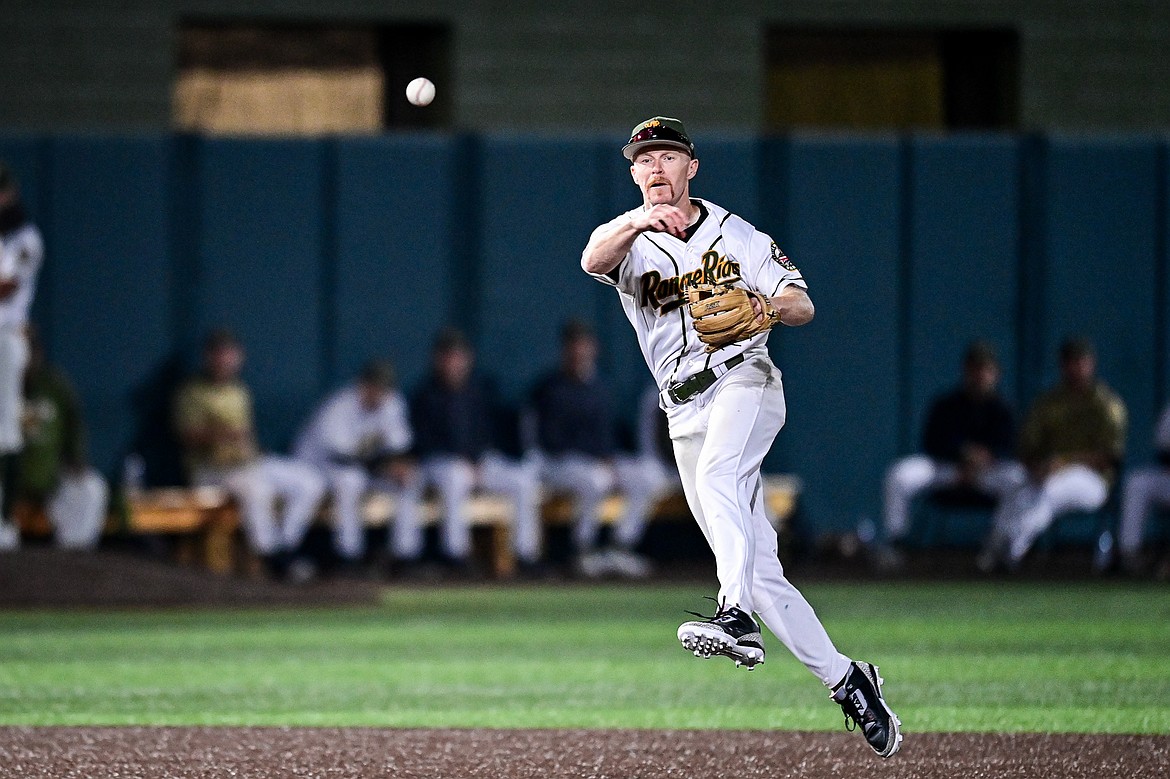 Glacier shortstop Andy Atwood (21) makes a throw to first for an out against Missoula at Glacier Bank Park on Tuesday, Sept. 10. (Casey Kreider/Daily Inter Lake)