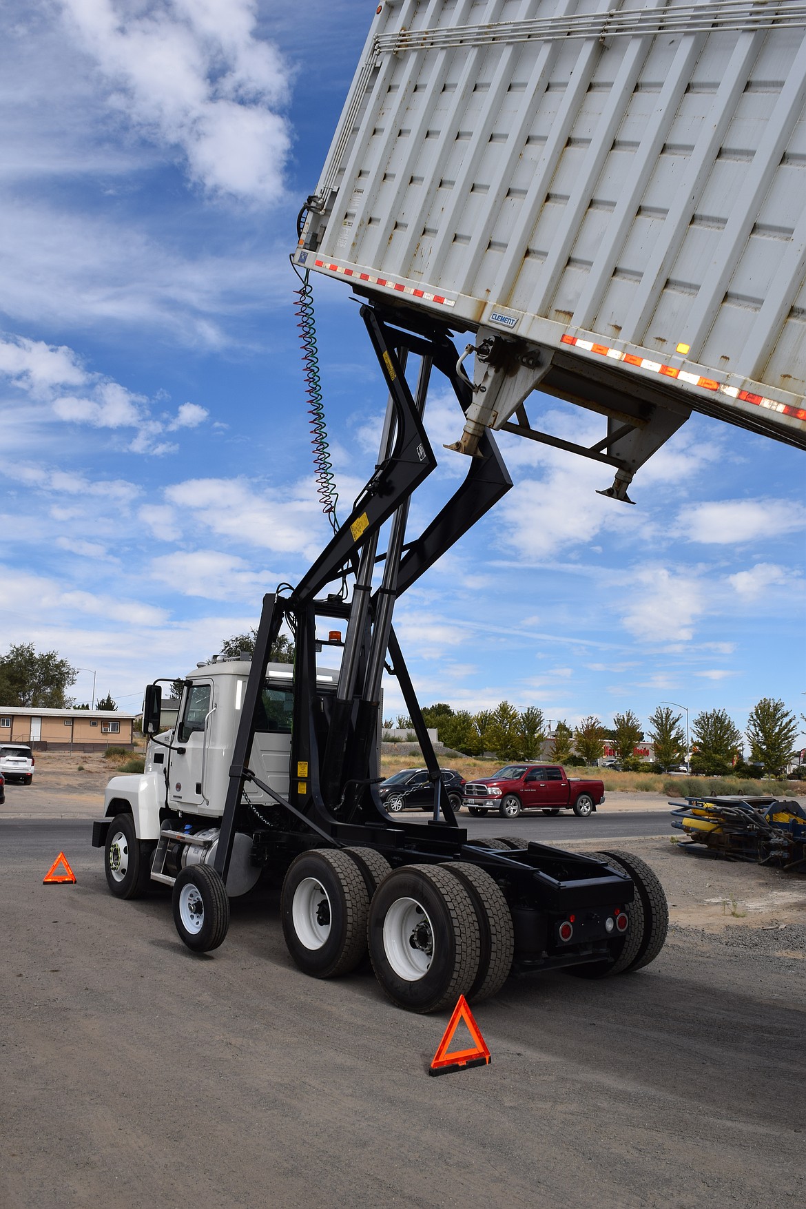 A Callahan hoist on display at the company’s 55th anniversary celebration Tuesday. Lifting the trailers like a long dump truck can help reduce the manual labor involved in loading and unloading cargo.