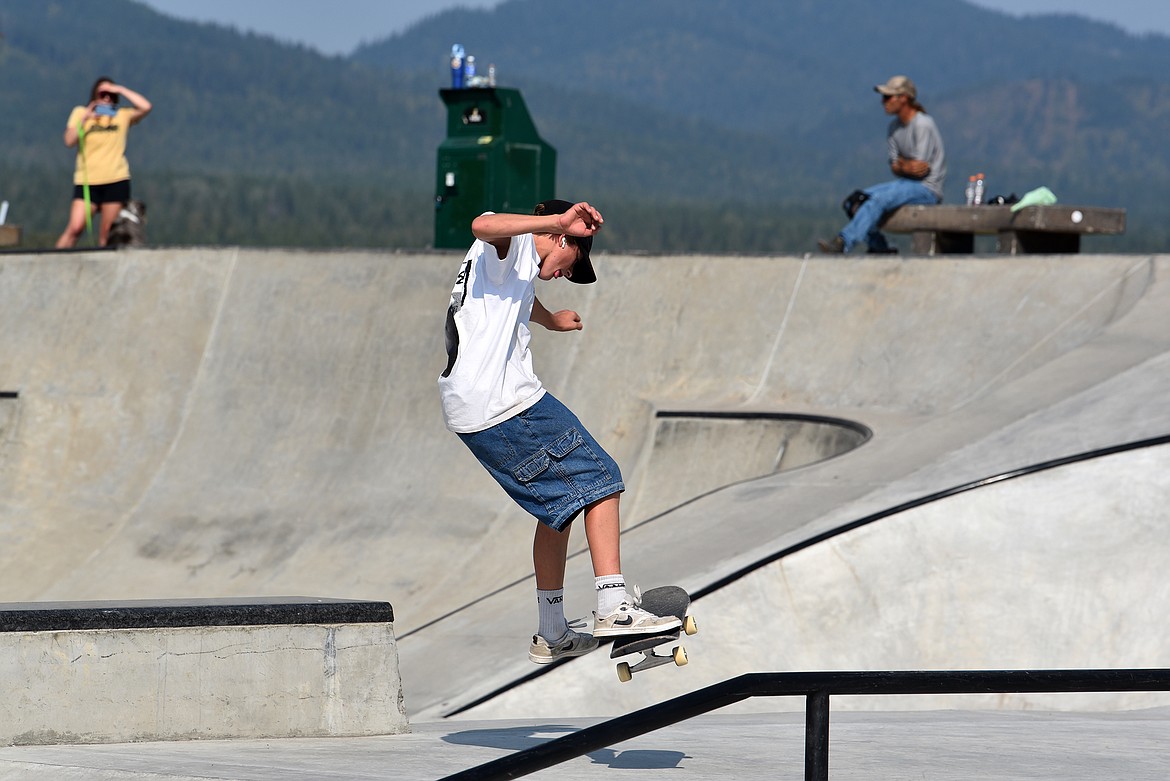 Ryder Hersom in air at the A-Rob Skate Jam Saturday. (Kelsey Evans/Whitefish Pilot)