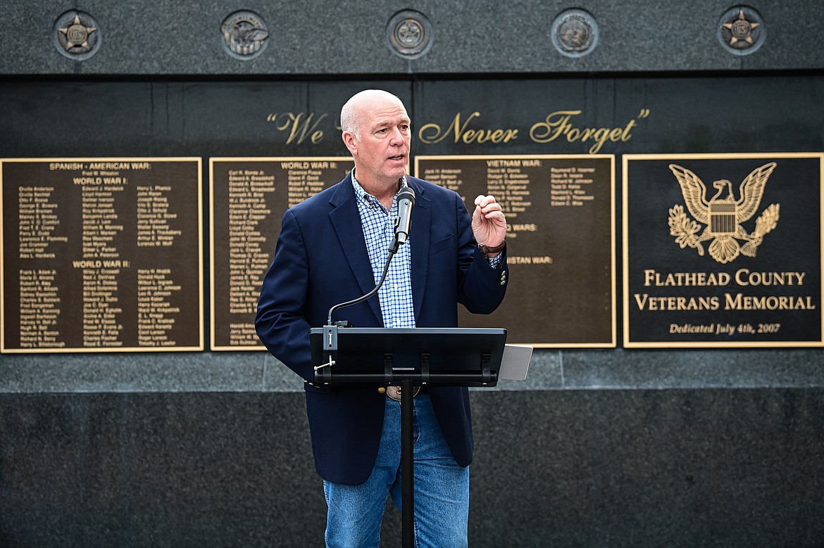 Gov. Greg Gianforte addresses the crowd during a 9/11 Remembrance Day ceremony at Depot Park in Kalispell on Wednesday, Sept. 11. (Casey Kreider/Daily Inter Lake)