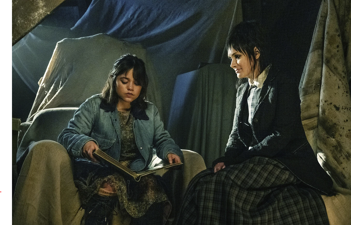 This image released by Warner Bros. Pictures shows Jenna Ortega, left, and Winona Ryder in a scene from "Beetlejuice Beetlejuice."