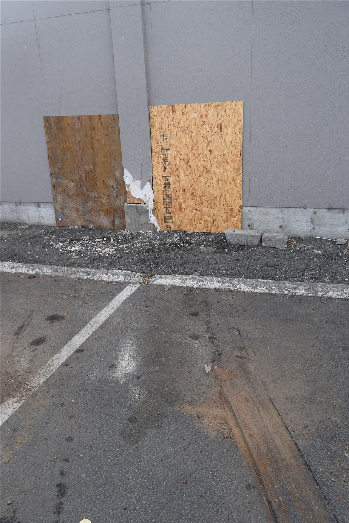 The patched hole in the side of the Ten Pin Tap House, damaged when a truck drove into the side of the building on Wednesday morning.