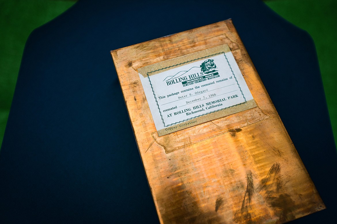 A copper box containing the cremated remains of Peter Odegard during an interment of ashes ceremony at C.E. Conrad Memorial Cemetery on Thursday, Sept. 12. (Casey Kreider/Daily Inter Lake)