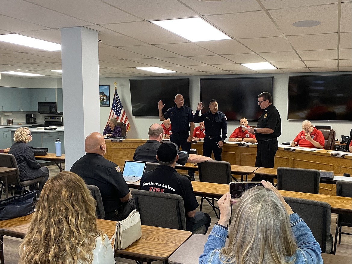 A pinning and promotion ceremony was held for two Northern Lakes firefighters Thursday morning at the Hayden fire station.
Captain Jarrod Pitts, who has been with Northern Lakes Fire for 12 years, and Engineer Justin Brodin, who has served with Northern Lakes for nine and a half years officially received promotions.