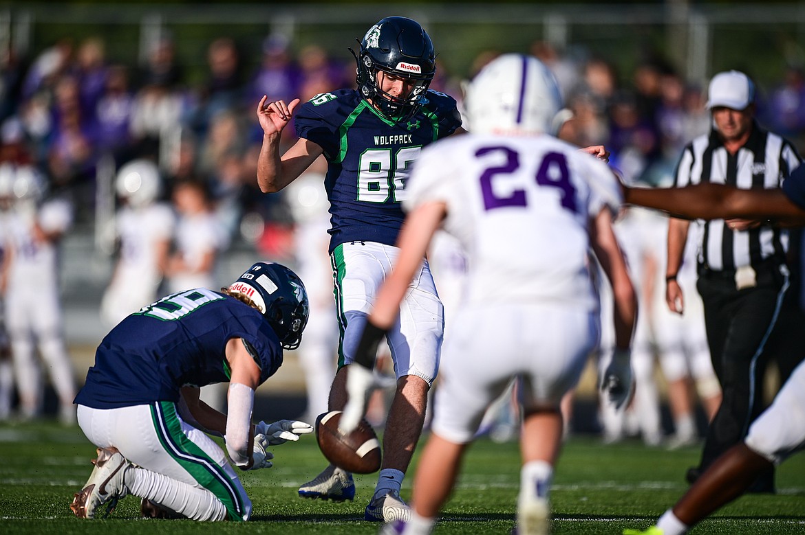 Glacier kicker Kyle Smith (86) kicks an extra point in the first quarter against Butte at Legends Stadium on Friday, Sept. 13. (Casey Kreider/Daily Inter Lake)