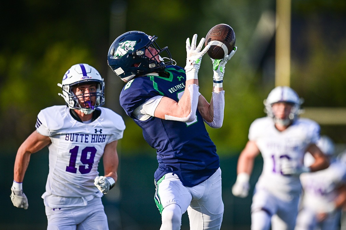 Glacier wide receiver Cooper Pelc (8) catches a 40-yard touchdown reception in the first quarter against Butte at Legends Stadium on Friday, Sept. 13. (Casey Kreider/Daily Inter Lake)