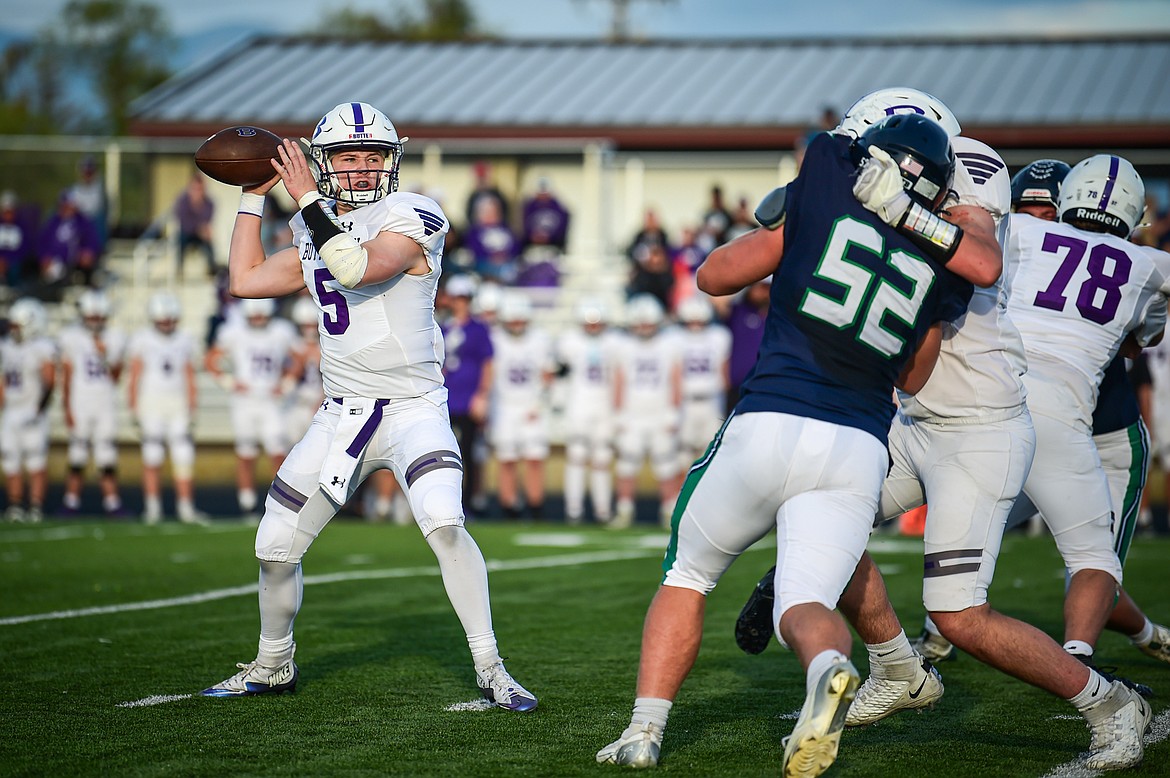 Butte quarterback Colton Shea (5) drops back to pass in the second quarter against Glacier at Legends Stadium on Friday, Sept. 13. (Casey Kreider/Daily Inter Lake)