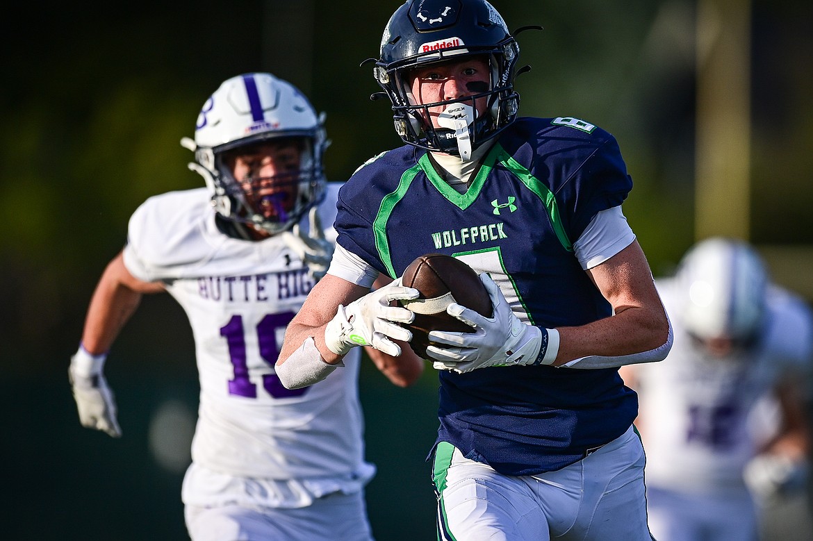 Glacier wide receiver Cooper Pelc (8) catches a 40-yard touchdown reception in the first quarter against Butte at Legends Stadium on Friday, Sept. 13. (Casey Kreider/Daily Inter Lake)