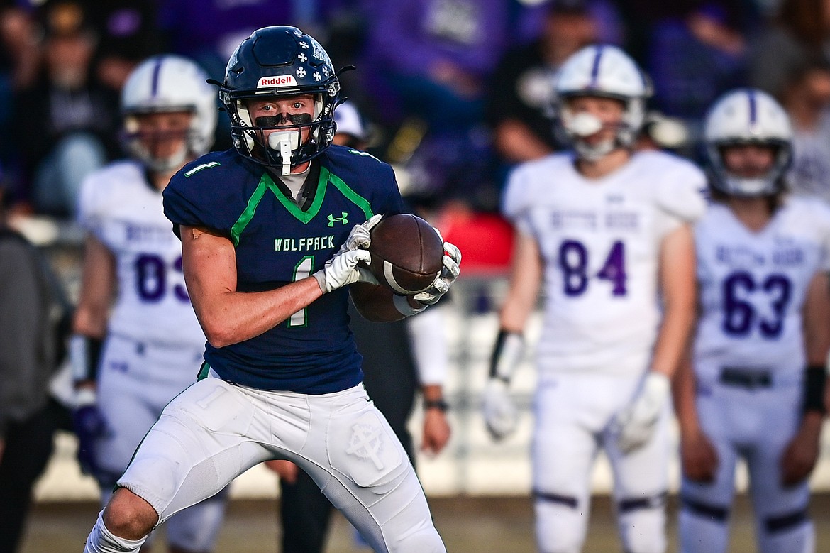 Glacier wide receiver Bridger Smith (1) catches a pass in the second quarter against Butte at Legends Stadium on Friday, Sept. 13. (Casey Kreider/Daily Inter Lake)