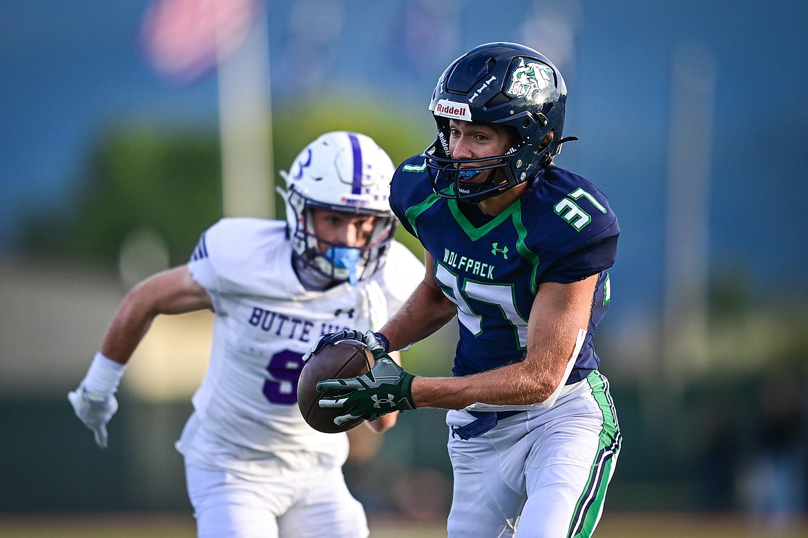 Glacier wide receiver Ethan Anderson (37) catches a 49-yard touchdown reception in the second quarter against Butte at Legends Stadium on Friday, Sept. 13. (Casey Kreider/Daily Inter Lake)