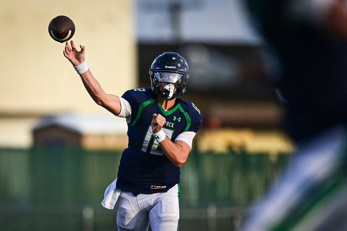 Glacier quarterback Jackson Presley (12) drops back to pass in the second quarter against Butte at Legends Stadium on Friday, Sept. 13. (Casey Kreider/Daily Inter Lake)