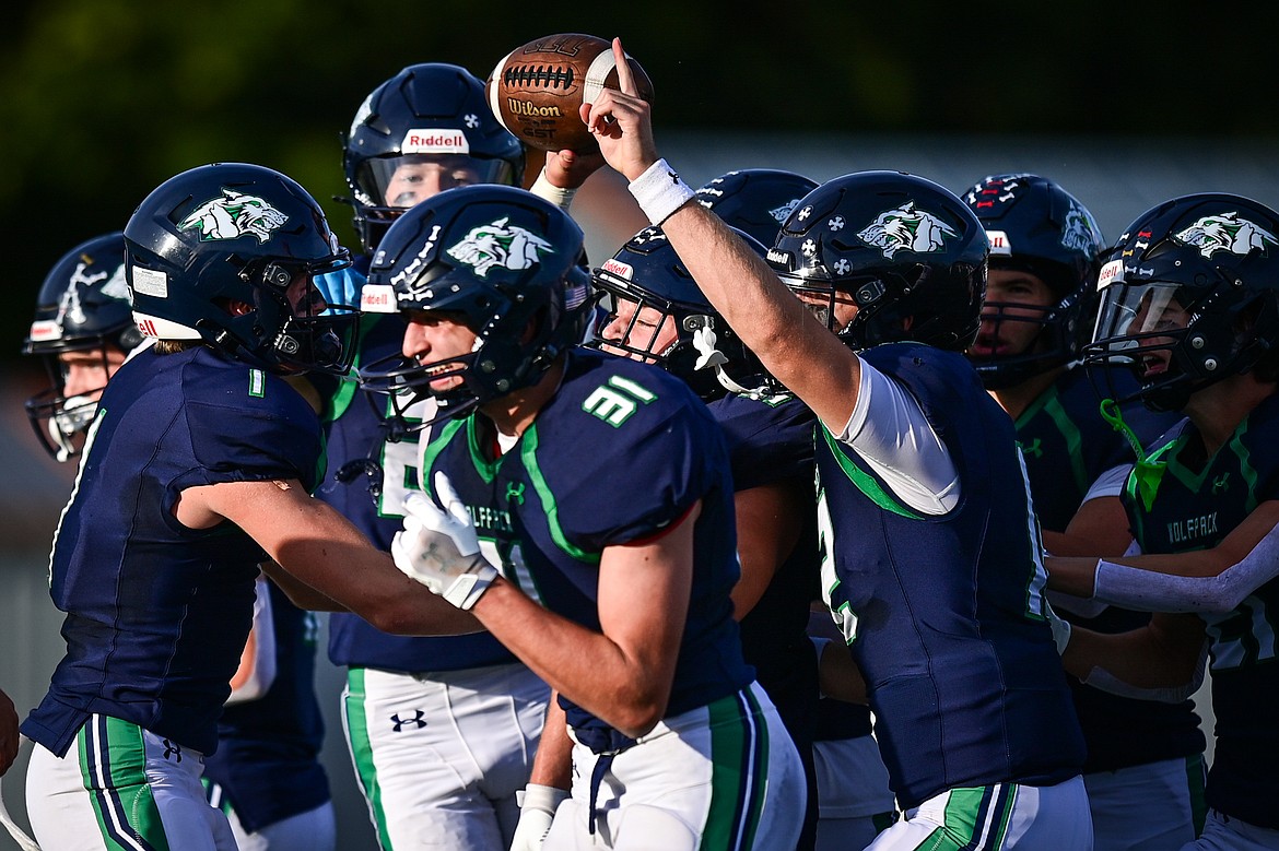 Glacier defensive lineman Wayne Cox (52) celebrates with teammates after an interception in the first quarter against Butte at Legends Stadium on Friday, Sept. 13. (Casey Kreider/Daily Inter Lake)