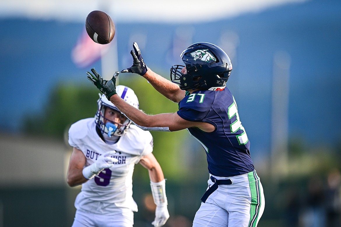 Glacier wide receiver Ethan Anderson (37) catches a 49-yard touchdown reception in the second quarter against Butte at Legends Stadium on Friday, Sept. 13. (Casey Kreider/Daily Inter Lake)