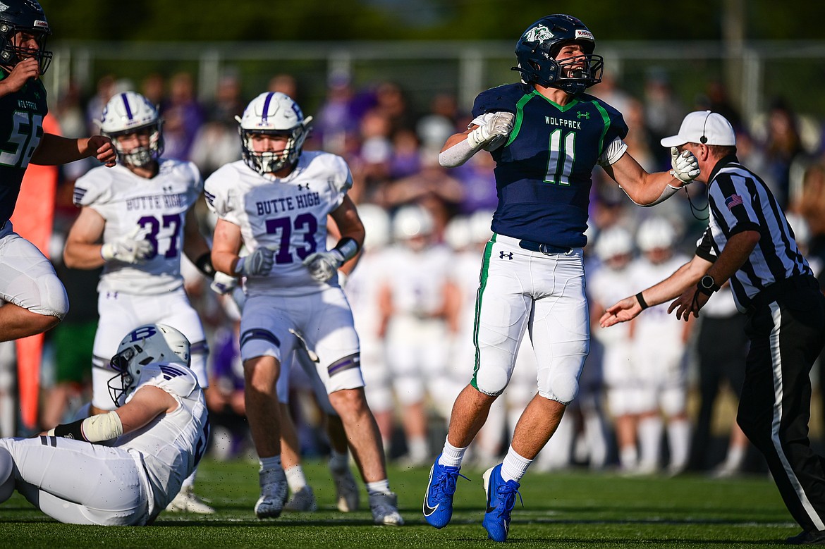 Glacier linebacker Asher Knopik (11) celebrates after a sack of Butte quarterback Colton Shea (5) in the first quarter at Legends Stadium on Friday, Sept. 13. (Casey Kreider/Daily Inter Lake)