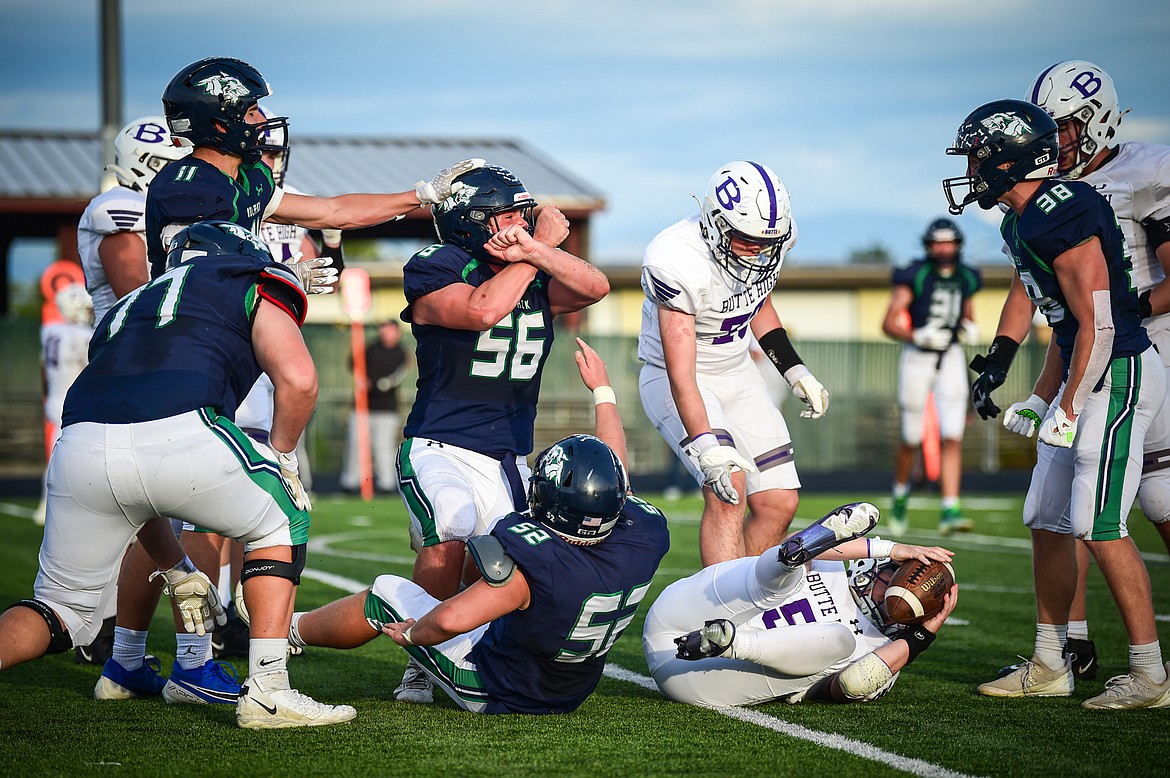 Glacier defensive lineman William Astle (56) celebrates after sacking Butte quarterback Colton Shea (5) in the second quarter at Legends Stadium on Friday, Sept. 13. (Casey Kreider/Daily Inter Lake)