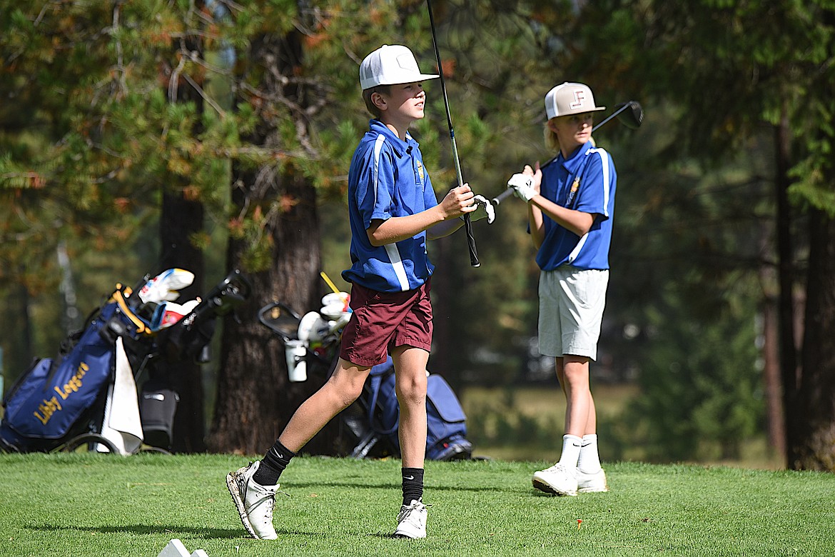 Libby's Degan Quinn tees off on No. 8 Friday, Sept. 13, 2024, at Cabinet View Golf Course. (Scott Shindledecker/The Western News)