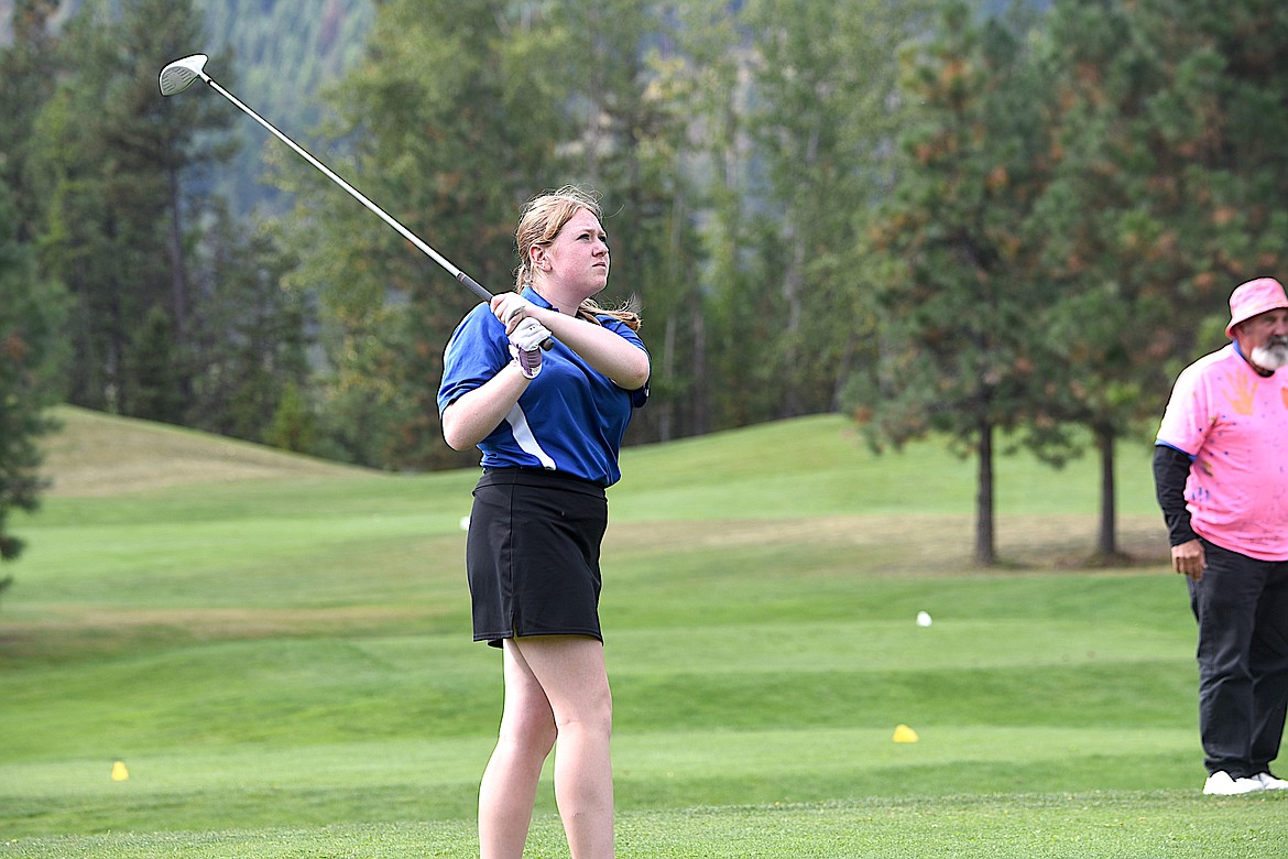 Libby's Addison Skranak watches her tee shot Friday, Sept. 13, 2024, during the Libby Invitational at Cabinet View Golf Course. (Scott Shindledecker/The Western News)