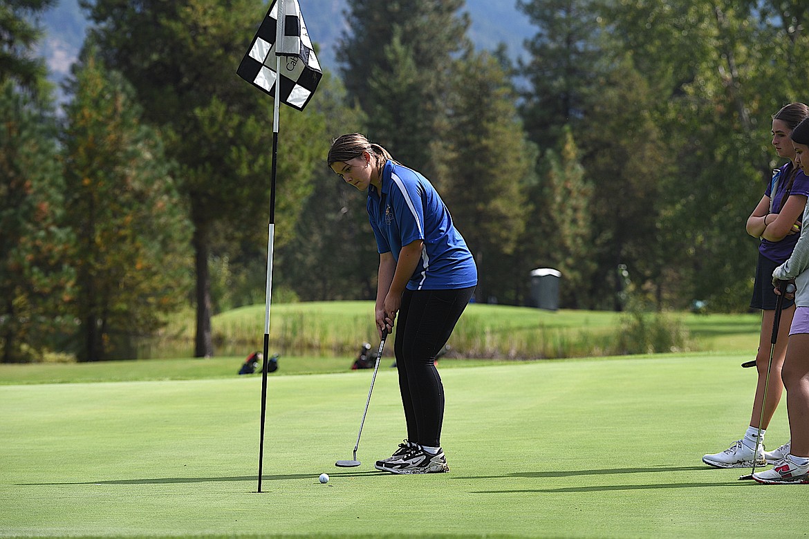 Libby's Lucy DeShazer putts Friday, Sept. 13, 2024, during the Libby Invitational at Cabinet View Golf Course. (Scott Shindledecker/The Western News)