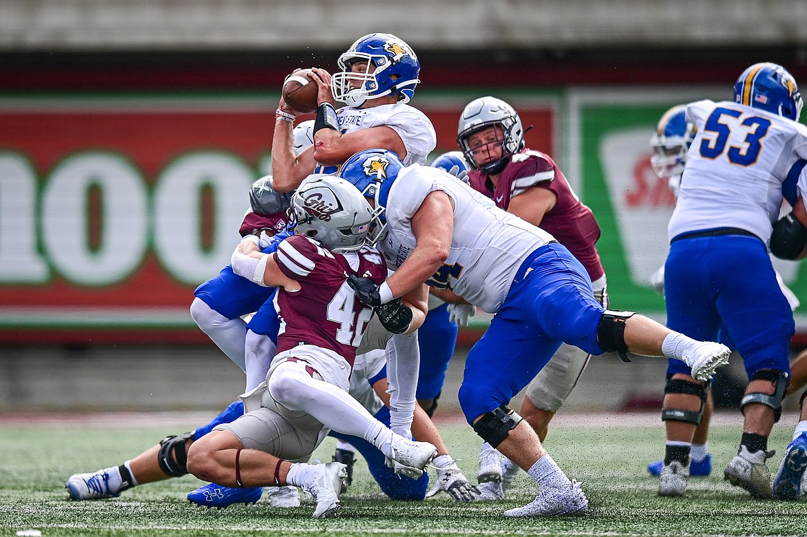 Grizzlies defensive end Hayden Harris (48) sacks Morehead State quarterback Connor Genal (11) on a fourth-down play causing a fumble in the first quarter on Saturday, Sept. 14. (Casey Kreider/Daily Inter Lake)