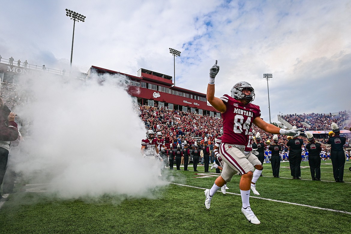 The Montana Grizzlies take the field before the start of the game against Morehead State at Washington-Grizzly Stadium on Saturday, Sept. 14. (Casey Kreider/Daily Inter Lake)