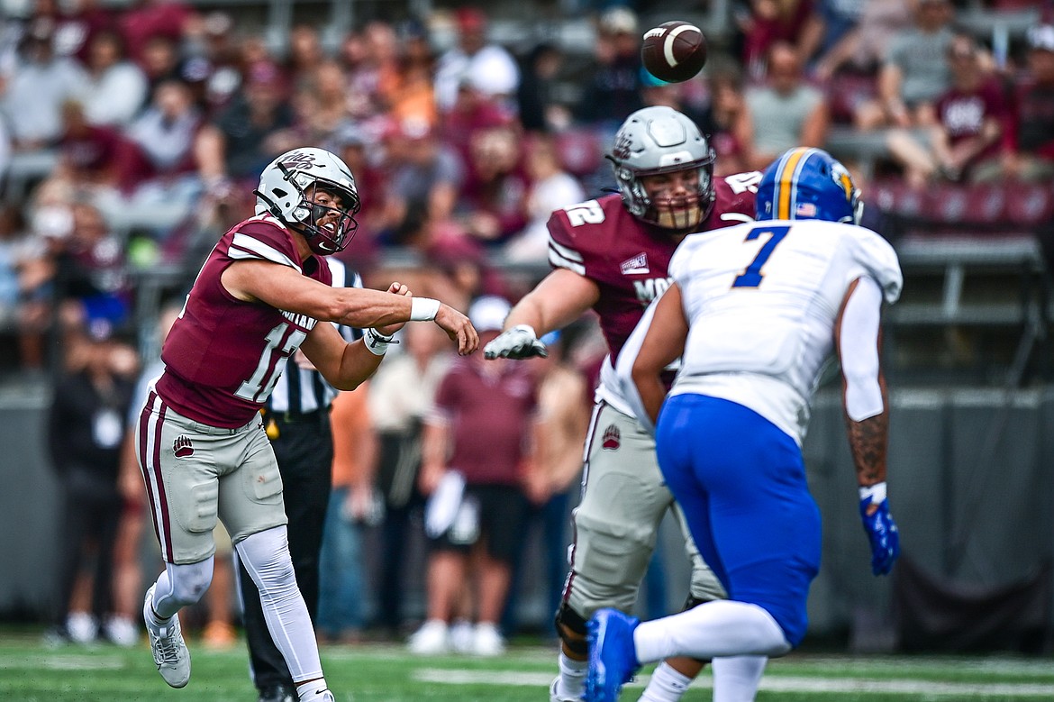 Grizzlies quarterback Logan Fife (12) throws a pass in the second quarter against Morehead State on Saturday, Sept. 14. (Casey Kreider/Daily Inter Lake)