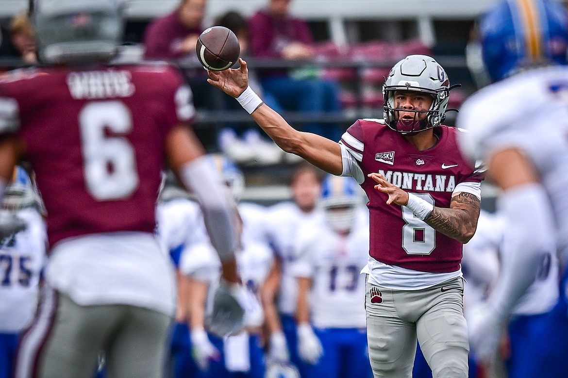 Grizzlies quarterback Keali'i Ah Yat (8) completes an 11-yard pass to wide receiver Keelan White (6) in the third quarter against Morehead State on Saturday, Sept. 14. (Casey Kreider/Daily Inter Lake)