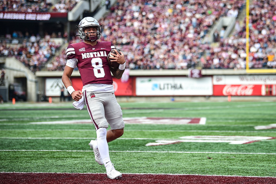 Grizzlies quarterback Keali'i Ah Yat (8) scores a touchdown on a 2-yard run in the third quarter against Morehead State on Saturday, Sept. 14. (Casey Kreider/Daily Inter Lake)