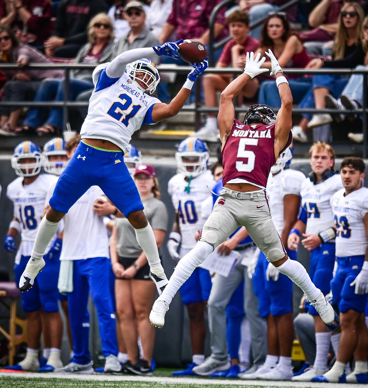 Morehead State defensive back Richard Sweeney III intercepts a pass in the first quarter against Montana on Saturday, Sept. 14. (Casey Kreider/Daily Inter Lake)