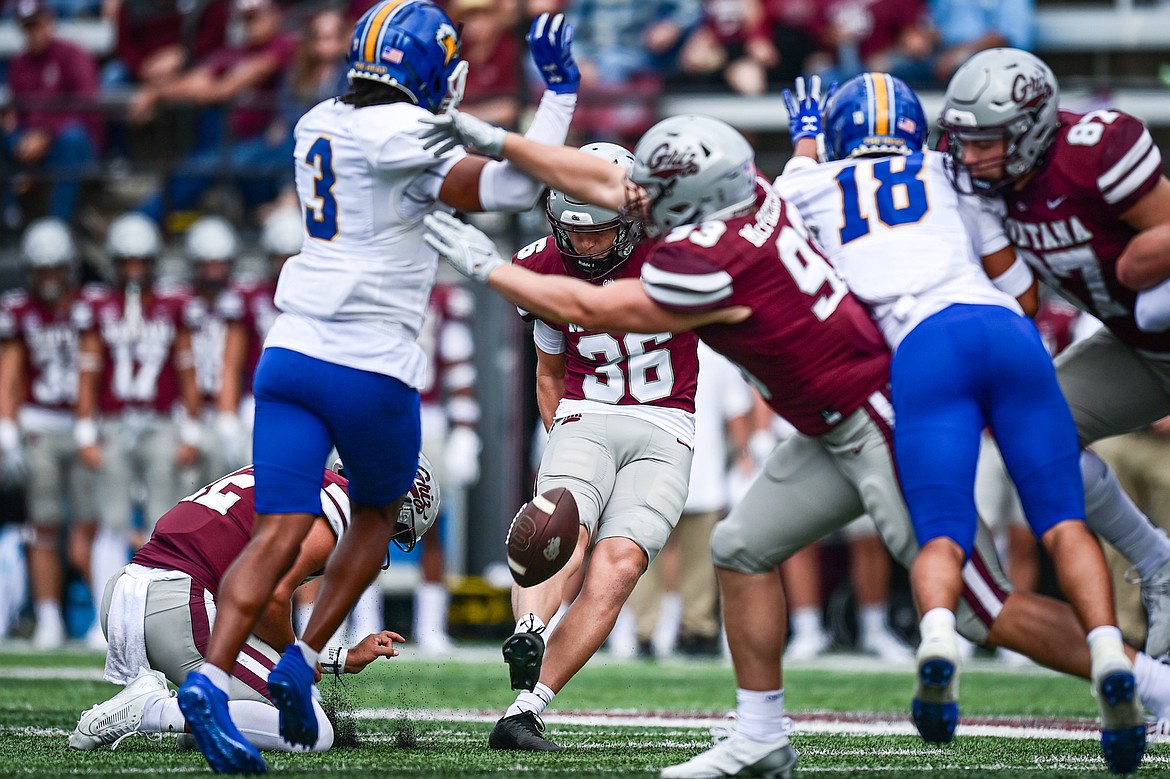 Grizzlies kicker Ty Morrison (36) makes a 46-yard field goal in the second quarter against Morehead State on Saturday, Sept. 14. (Casey Kreider/Daily Inter Lake)