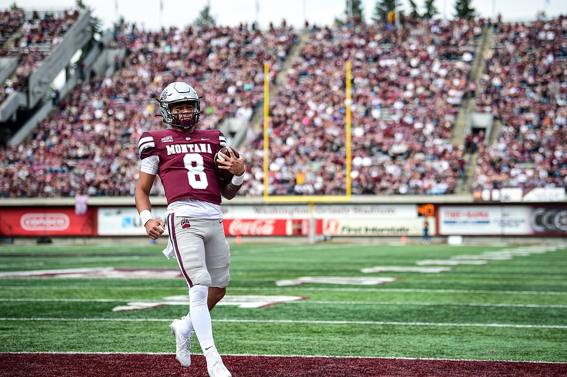 Grizzlies quarterback Keali'i Ah Yat (8) scores a touchdown on a 2-yard run in the third quarter against Morehead State on Saturday, Sept. 14. (Casey Kreider/Daily Inter Lake)