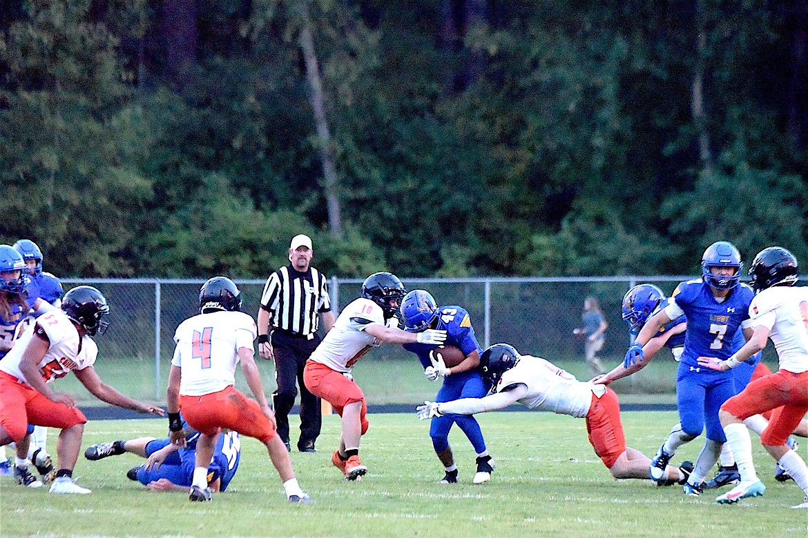 Libby's Aidan Rose (43) intercepted two passes Friday, Sept. 13, 2024, against Ronan at Loggers Stadium. (Scott Shindledecker/The Western News)