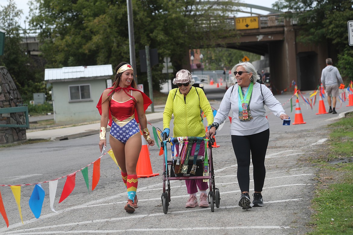 Runners approach the finish line of the Find Your Strength Family Fun Run's 1K race.