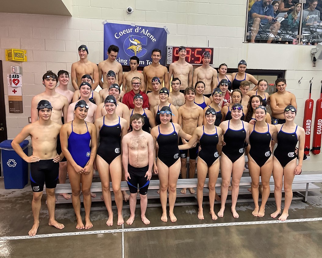 Courtesy photo
The Coeur d'Alene High swim team competed in a dual meet with Lake City, Post Falls, Lakeland and Wallace/Kellogg on Saturday at the Kroc Center. In the back row, from left are Jace Voeller, William Gallatin, Joshua Dimitri, Dawson Cushman, Zephen Morrow, Cooper Irwin, Allison Radka and Lalana Saitta. In the third row are Connor Snyder, Lorelai Renner, Payson Irwin, Piper Velin, Isaac Thorpe, Andrei Olaru, Gianna Gonzalez, Jackson Oswald, Owen Keith, Reagan Greiner and Andrew Davis. In the second row are Caleb Wright, Griffin Snyder, Casey Dolan, Allie Frank, Miia Scarbrough, Sawyer Kennemer, Kamryn Braga, Ainsley Kuhne and Allie Maykuth. In the front row are Tanner Flinn, Alena Gonzalez, Camden Cotant, John Loper, Jade Estes, Addison Wallace, Karsten Towery, Claire Thorpe and Olivia Pitsch.