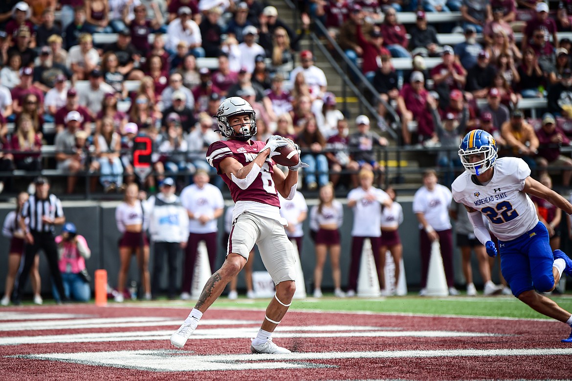 Grizzlies wide receiver Keelan White (6) catches a 2-yard pass for a touchdown in the first quarter against Morehead State on Saturday, Sept. 14. (Casey Kreider/Daily Inter Lake)