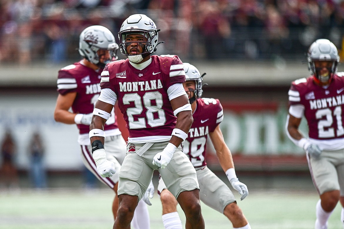 Grizzlies linebacker Isiah Childs (28) celebrates after a tackle on a kick return against Morehead State on Saturday, Sept. 14. (Casey Kreider/Daily Inter Lake)