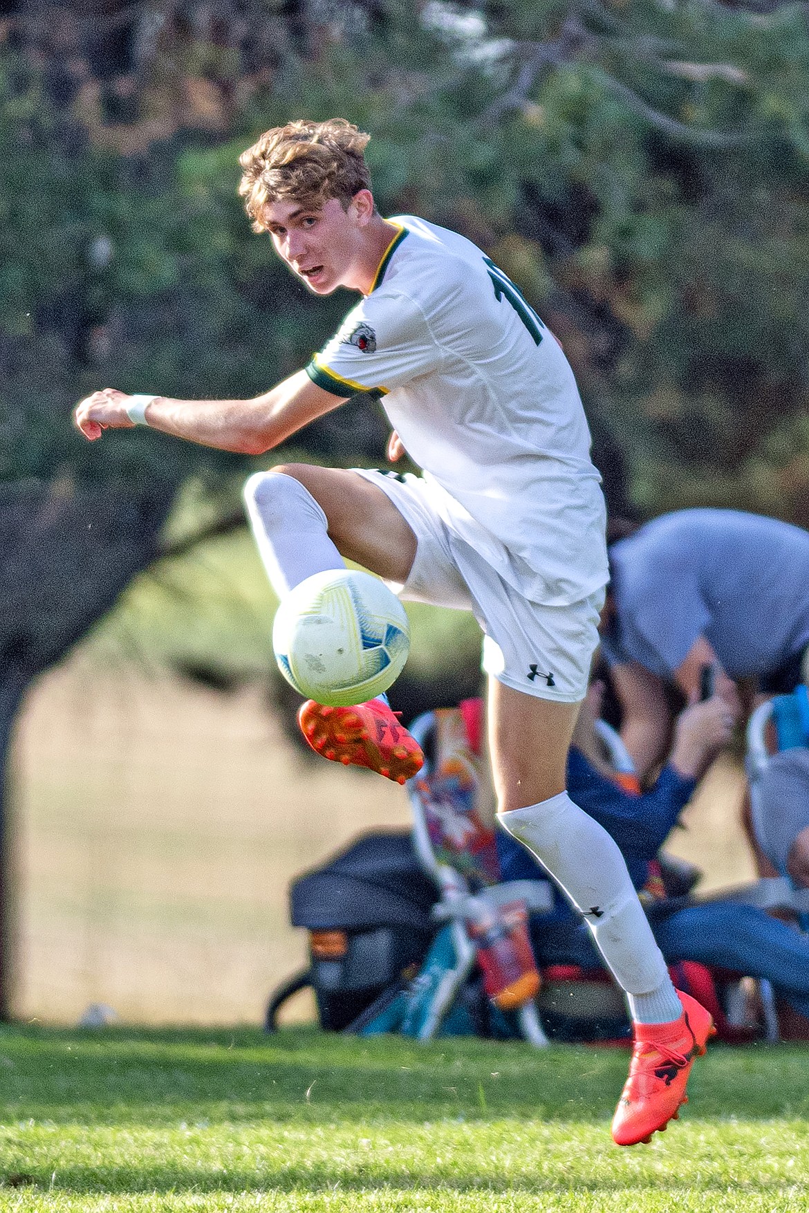 Bulldog ___ traps the ball during the game with Bigfork last week. (Avery Howe/Bigfork Eagle)