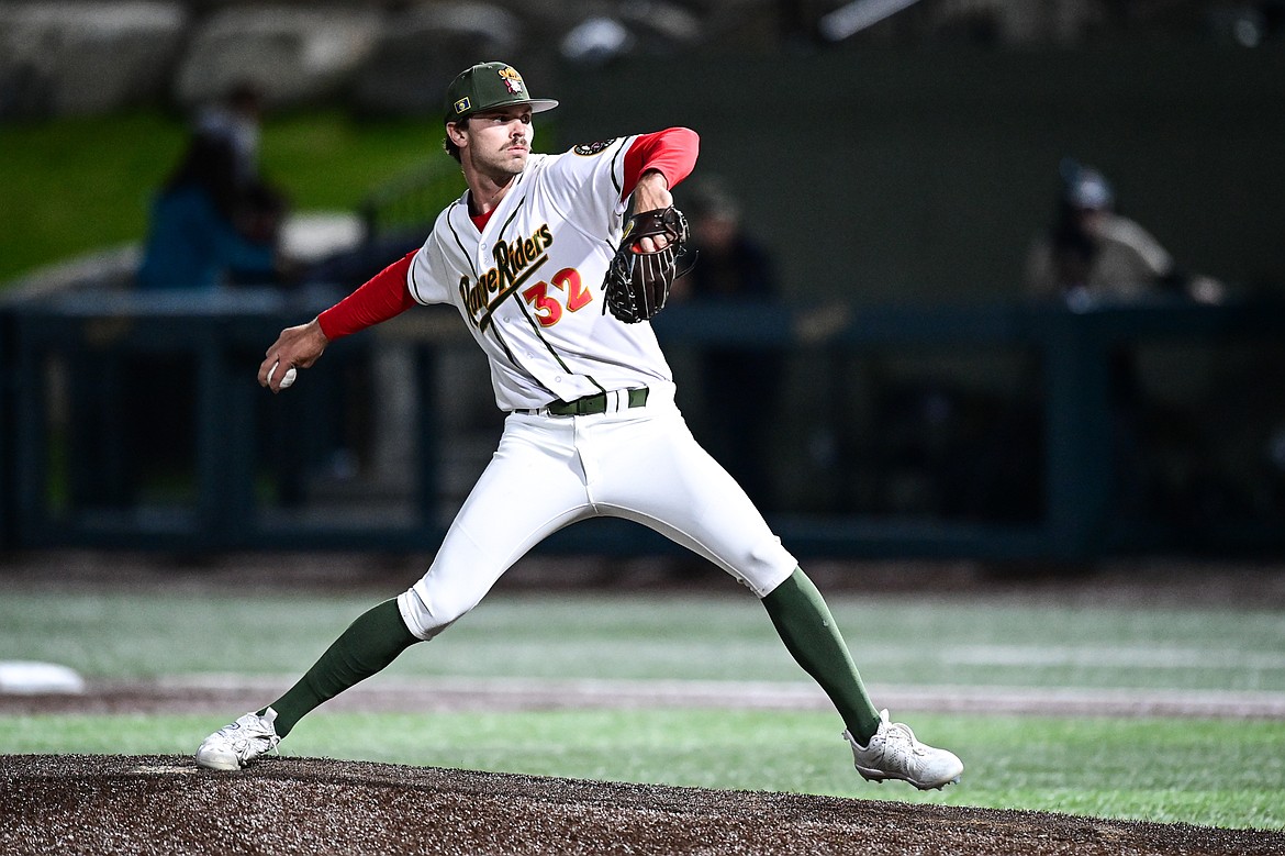 Glacier reliever Noah Owen (32) delivers in the ninth inning against Yolo during Game 1 of the Pioneer League Championship Series at Glacier Bank Park on Tuesday, Sept. 17. (Casey Kreider/Daily Inter Lake)